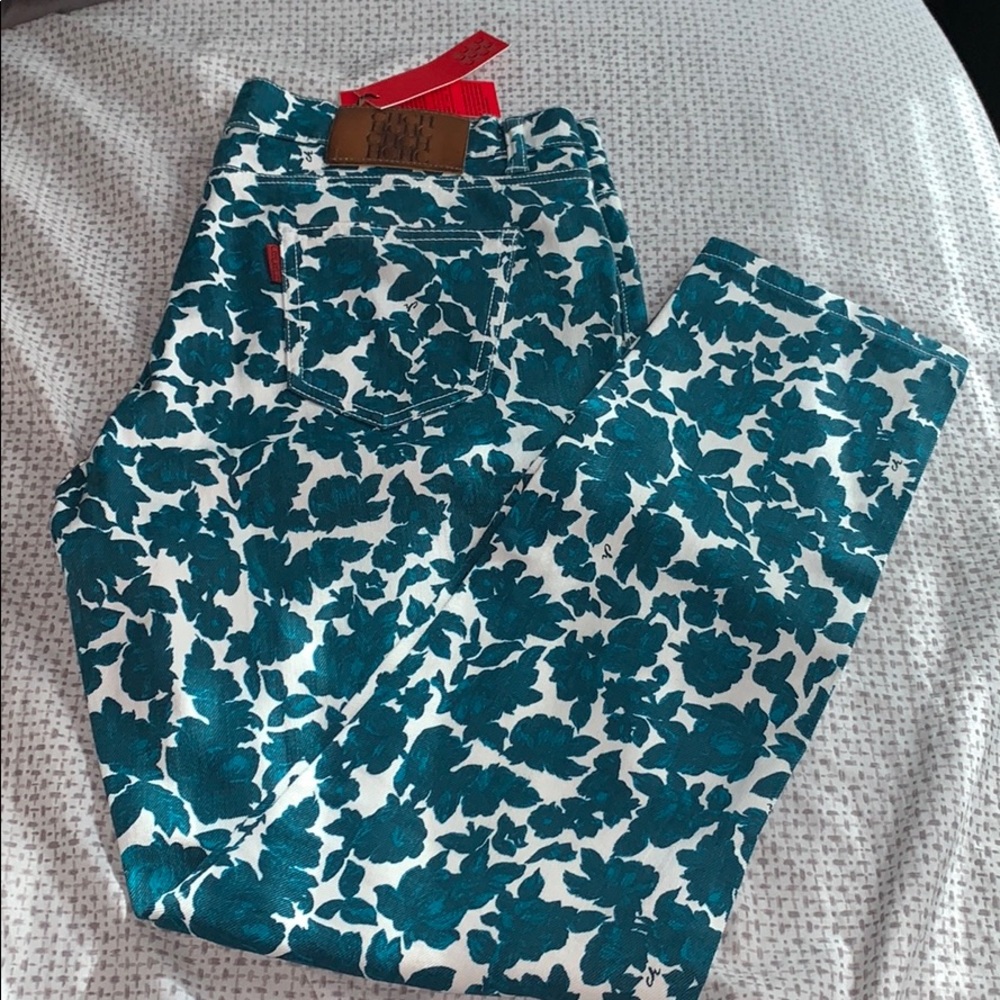 Carolina Herrera Teal Floral Ankle Jeans